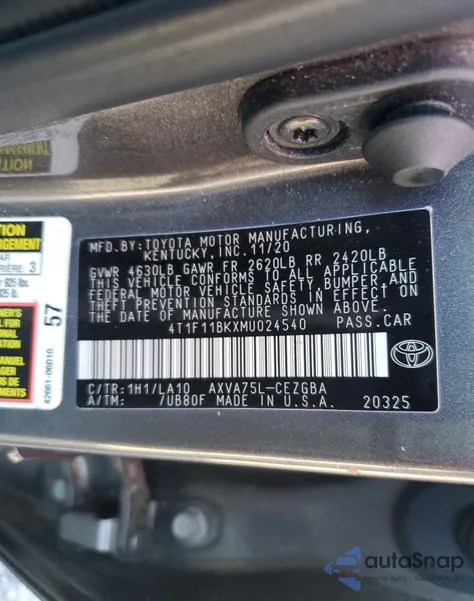 2021 Toyota Camry Xle from USA, damaged, VIN 4T1F11BKXMU024540